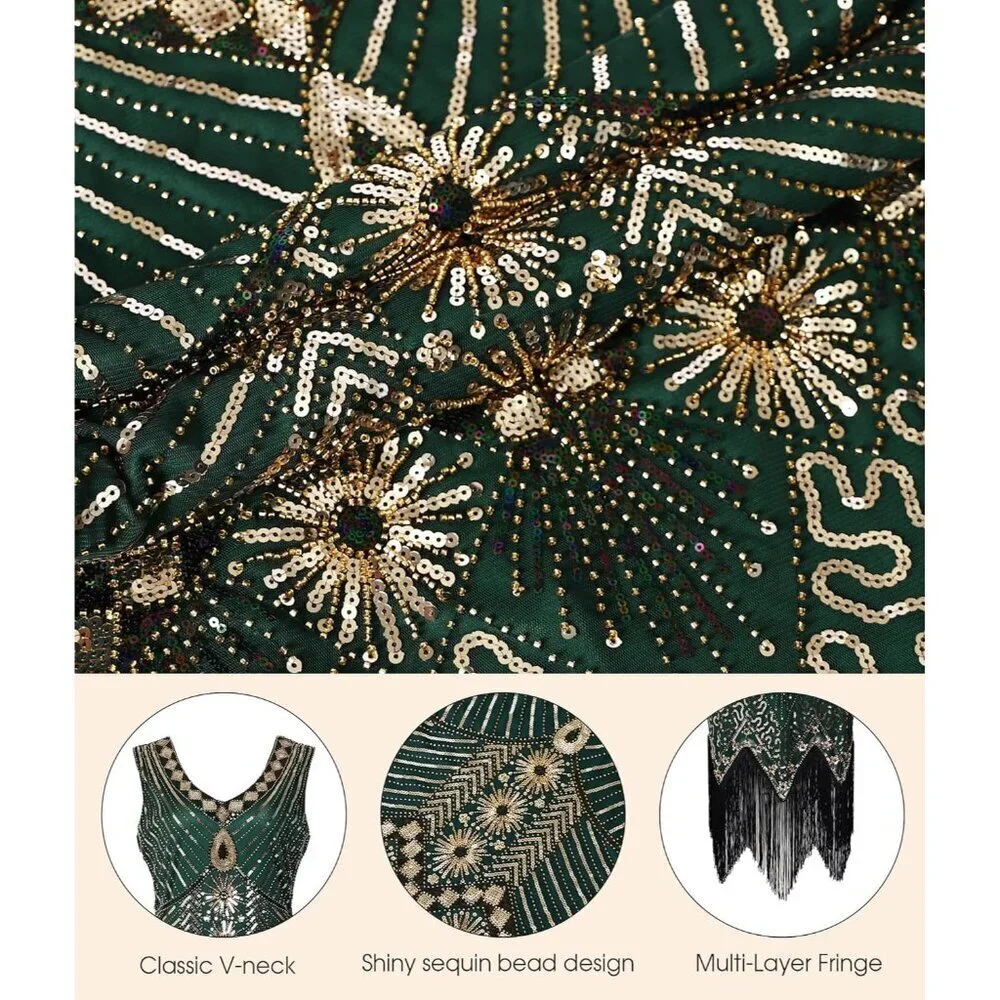 Women Flapper Dress 1920s Sequin Fringe Gatsby Costume Accessories Set - Picture 7 of 7